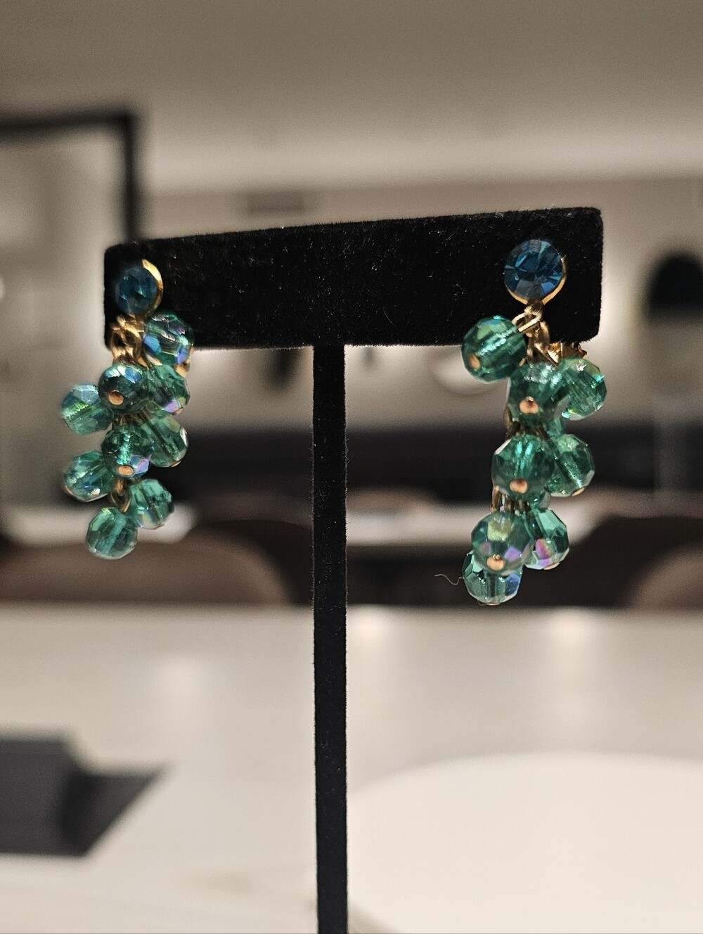 Vintage Green AB Crystal Bead Cluster Clip On Earrings